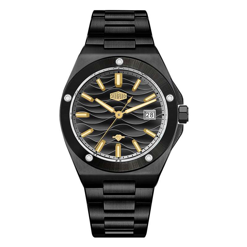 A men's analog watch with a black stainless steel case and integrated link bracelet, featuring a black wave-pattern dial with gold-tone hands, hour markers, and crown details, and a date window at 3 o'clock.