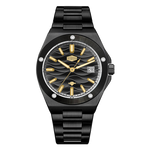 A men's analog watch with a black stainless steel case and integrated link bracelet, featuring a black wave-pattern dial with gold-tone hands, hour markers, and crown details, and a date window at 3 o'clock.