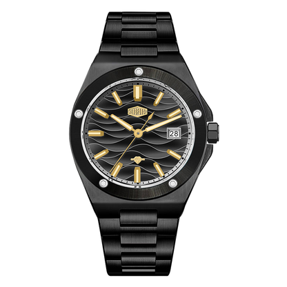 A men's analog watch with a black stainless steel case and integrated link bracelet, featuring a black wave-pattern dial with gold-tone hands, hour markers, and crown details, and a date window at 3 o'clock.