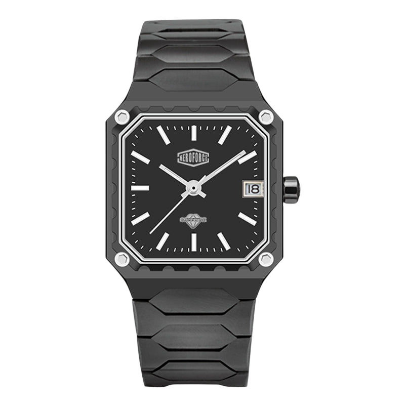 A men's analog watch with a black textured resin case and matching black textured strap, featuring a black dial with silver-tone indices and hands, a date window, and silver screw accents.
