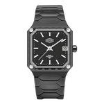 A men's analog watch with a black textured resin case and matching black textured strap, featuring a black dial with silver-tone indices and hands, a date window, and silver screw accents.