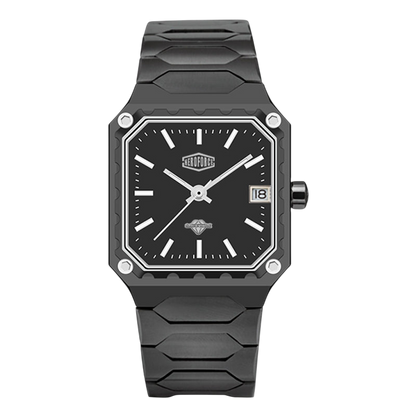 A men's analog watch with a black textured resin case and matching black textured strap, featuring a black dial with silver-tone indices and hands, a date window, and silver screw accents.
