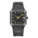 A men's analog watch with a black textured silicone strap, a black octagonal bezel, and a black dial with gold-tone hands and indices, shown against a plain white background.