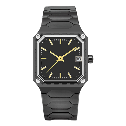 A men's analog watch with a black textured silicone strap, a black octagonal bezel, and a black dial with gold-tone hands and indices, shown against a plain white background.