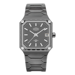 A men's analog watch with a dark gray textured ceramic or composite case and integrated link bracelet, featuring a matching dark gray dial with silver-tone indices and hands, a date window, and silver screw accents on the bezel.