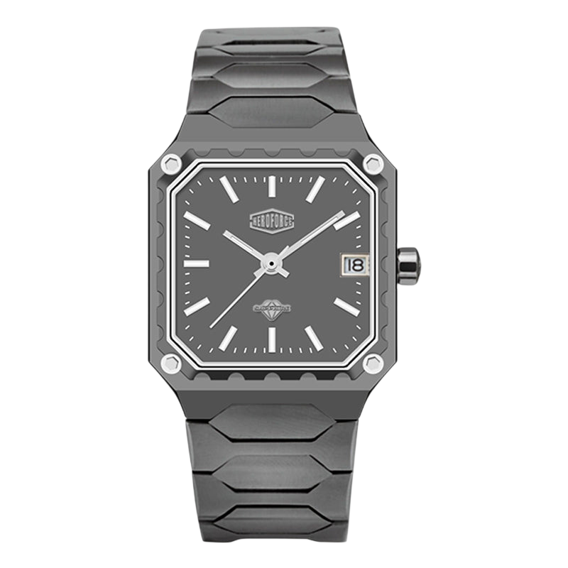 A men's analog watch with a dark gray textured ceramic or composite case and integrated link bracelet, featuring a matching dark gray dial with silver-tone indices and hands, a date window, and silver screw accents on the bezel.