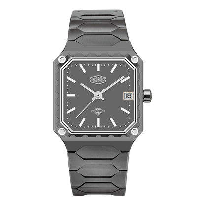 A men's analog watch with a dark gray textured ceramic or composite case and integrated link bracelet, featuring a matching dark gray dial with silver-tone indices and hands, a date window, and silver screw accents on the bezel.