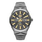 A men's analog watch with a dark gray textured dial, gold-tone hands and hour markers, and a silver-tone multi-link metal bracelet.