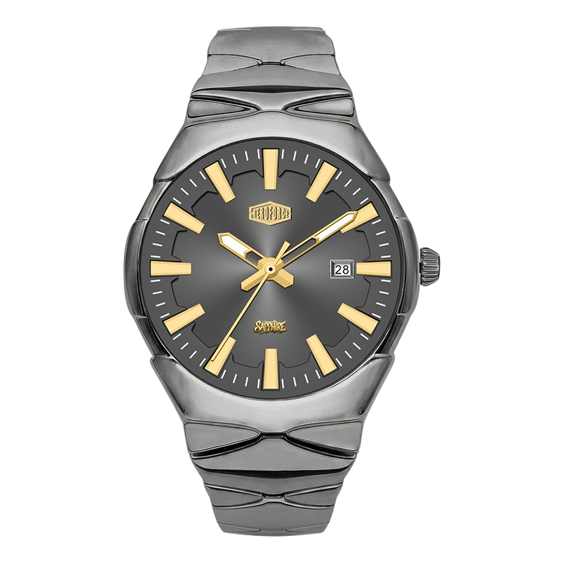 A men's analog watch with a dark gray textured dial, gold-tone hands and hour markers, and a silver-tone multi-link metal bracelet.