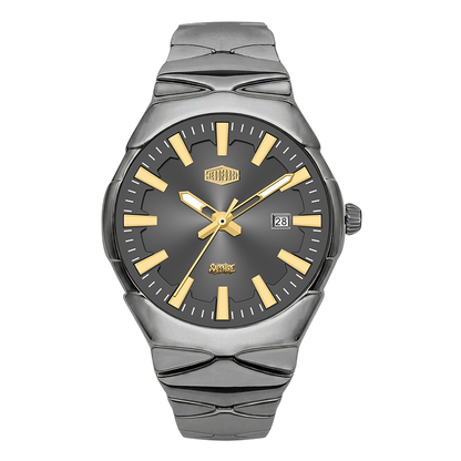 A men's analog watch with a dark gray textured dial, gold-tone hands and hour markers, and a silver-tone multi-link metal bracelet.