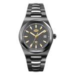 A men's analog watch with a dark gunmetal gray metal case and integrated link bracelet, featuring a textured dark gray dial with gold-tone hands, indices, and logo.