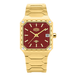 A men's analog watch with a gold-tone metal case and link bracelet, featuring a deep red square dial with gold-tone hands, indices, and a date window.