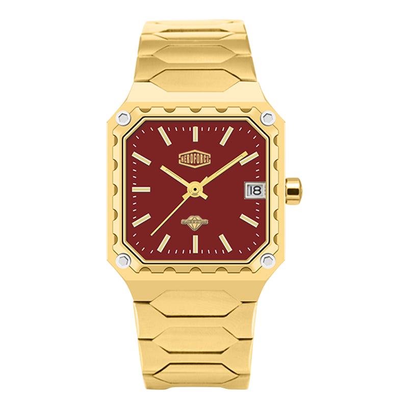 A men's analog watch with a gold-tone metal case and link bracelet, featuring a deep red square dial with gold-tone hands, indices, and a date window.