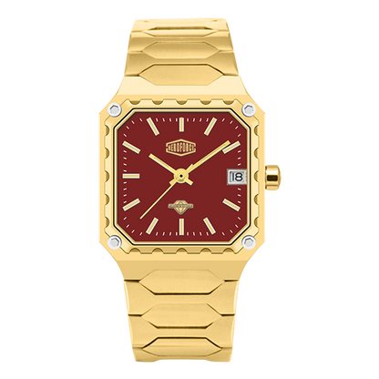 A men's analog watch with a gold-tone metal case and link bracelet, featuring a deep red square dial with gold-tone hands, indices, and a date window.
