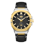 A men's analog watch with a gold-tone and silver-tone stainless steel case, a black textured dial, and a black leather strap. 