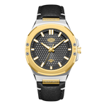 A men's analog watch with a gold-tone and silver-tone stainless steel case, a black textured dial, and a black leather strap, shown on a plain white background.