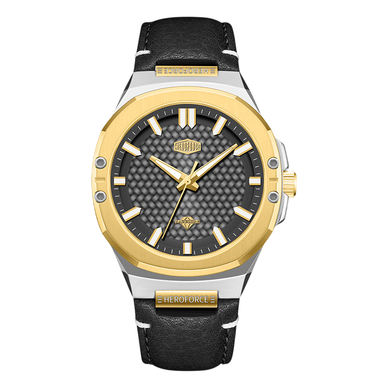 HeroForce Caldris 5033B - black dial, gold bezel, front view