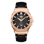 A men's analog watch with a rose gold-tone case, a black textured dial, and a black leather strap with white stitching, shown against a plain white background.