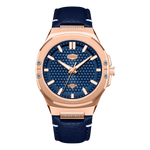 A men's analog watch with a rose gold-tone case, a textured blue dial, and a dark blue leather strap with white stitching, shown against a plain white background.