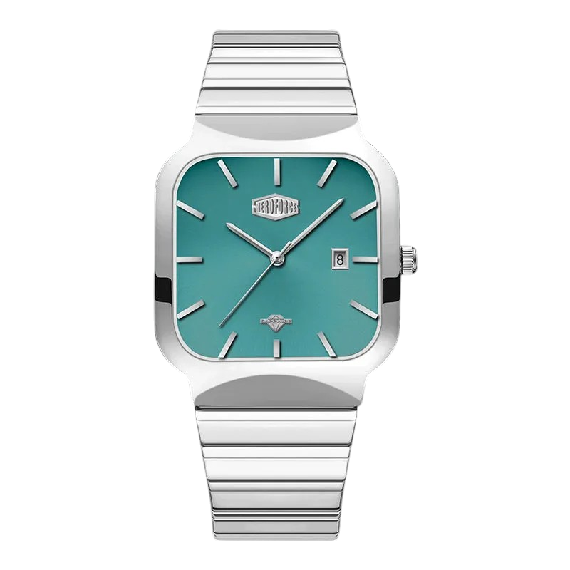 A men's analog watch with a silver-tone stainless steel case and link bracelet, featuring a square-shaped turquoise dial with silver-tone hands and indices.