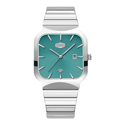 A men's analog watch with a silver-tone stainless steel case and link bracelet, featuring a square-shaped turquoise dial with silver-tone hands and indices.