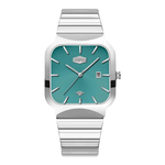 A men's analog watch with a silver-tone stainless steel case and link bracelet, featuring a square-shaped turquoise dial with silver-tone hands and indices.