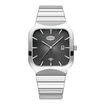 A men's analog watch with a silver-toned metal link bracelet, a square bezel, and a dark gray dial with silver indices and hands.