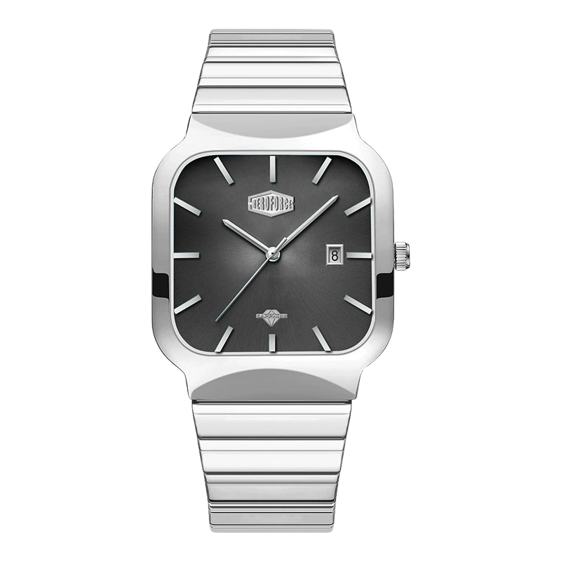A men's analog watch with a silver-toned metal link bracelet, a square bezel, and a dark gray dial with silver indices and hands.