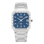 A men's analog watch with a silver-toned metal link bracelet and a square blue dial, shown on a plain white background.