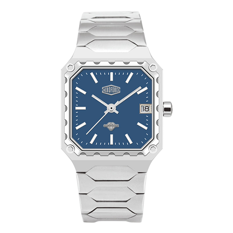 A men's analog watch with a silver-toned metal link bracelet and a square blue dial, shown on a plain white background.