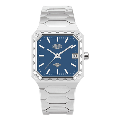 A men's analog watch with a silver-toned metal link bracelet and a square blue dial, shown on a plain white background.