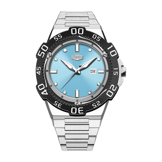 A men's analog watch with a silver stainless steel link bracelet, a black rotating bezel with white markings, and a light blue dial. 