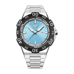 A men's analog watch with a silver stainless steel link bracelet, a black rotating bezel with white markings, and a light blue dial. 