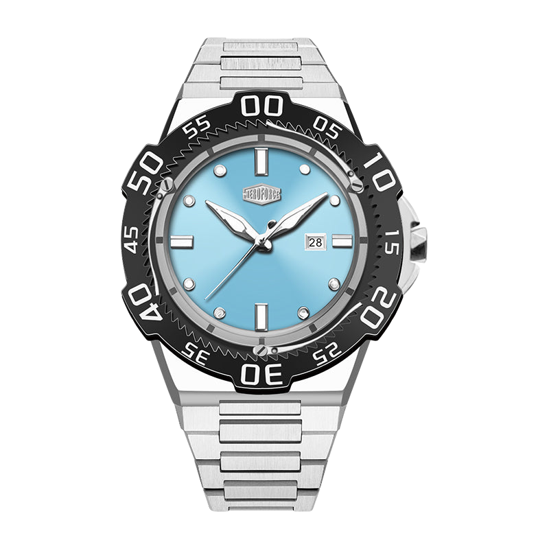 A men's analog watch with a silver stainless steel link bracelet, a black rotating bezel with white markings, and a light blue dial. 