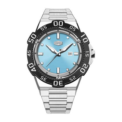 A men's analog watch with a silver stainless steel link bracelet, a black rotating bezel with white markings, and a light blue dial. 