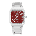 A men's analog watch with a silver-toned metal link bracelet and a square red dial, shown against a plain white background.