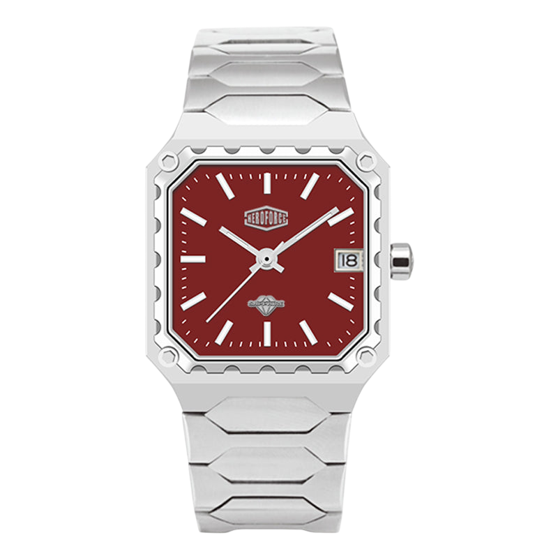 A men's analog watch with a silver-toned metal link bracelet and a square red dial, shown against a plain white background.
