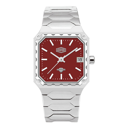 A men's analog watch with a silver-toned metal link bracelet and a square red dial, shown against a plain white background.