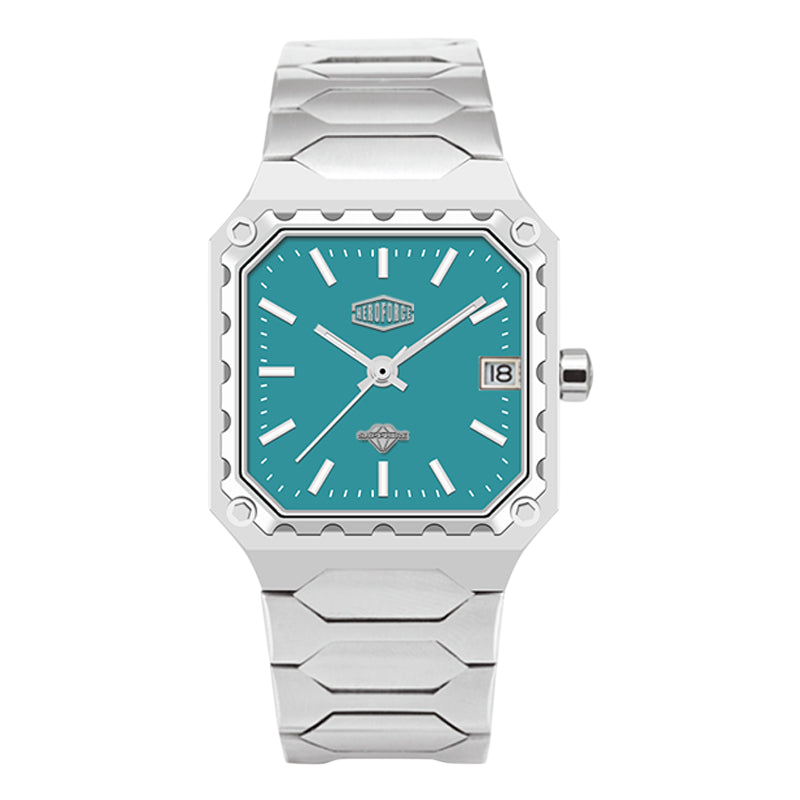 A men's analog watch with a silver-toned metal link bracelet and a square turquoise dial, shown against a plain white background.