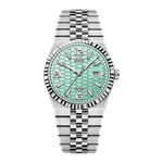 A men's analog watch featuring a silver-tone stainless steel link bracelet, a fluted bezel, and a textured mint green dial with a scale pattern.