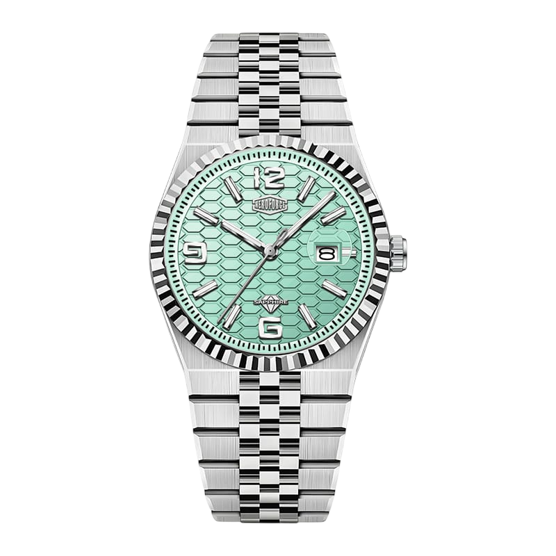 A men's analog watch featuring a silver-tone stainless steel link bracelet, a fluted bezel, and a textured mint green dial with a scale pattern.