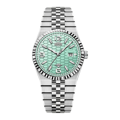 A men's analog watch featuring a silver-tone stainless steel link bracelet, a fluted bezel, and a textured mint green dial with a scale pattern.