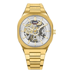 A men's gold-tone automatic skeleton watch with a silver-toned dial, gold hands and markers, and a date window at the 3 o'clock position, shown on a plain white background.