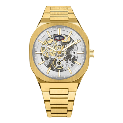A men's gold-tone automatic skeleton watch with a silver-toned dial, gold hands and markers, and a date window at the 3 o'clock position, shown on a plain white background.