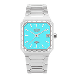 A men's stainless steel watch with a unique angular, stepped-link bracelet and a white dial featuring turquoise hands, hour markers, and a date window.