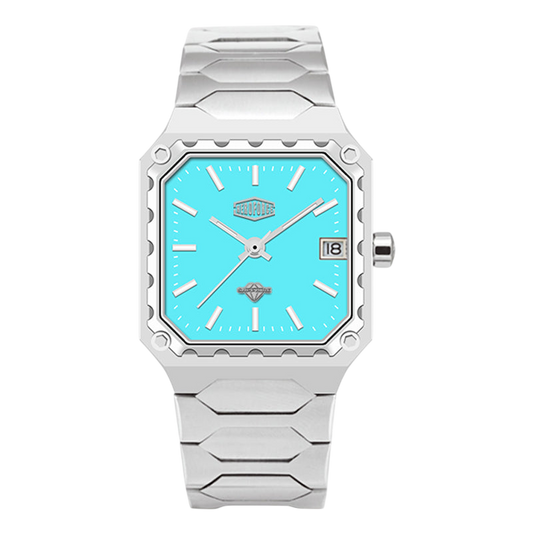 A men's stainless steel watch with a unique angular, stepped-link bracelet and a white dial featuring turquoise hands, hour markers, and a date window.