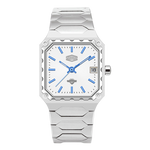 A men's stainless steel watch with a unique angular, stepped-link bracelet and a white dial featuring blue hands, hour markers, and a date window.