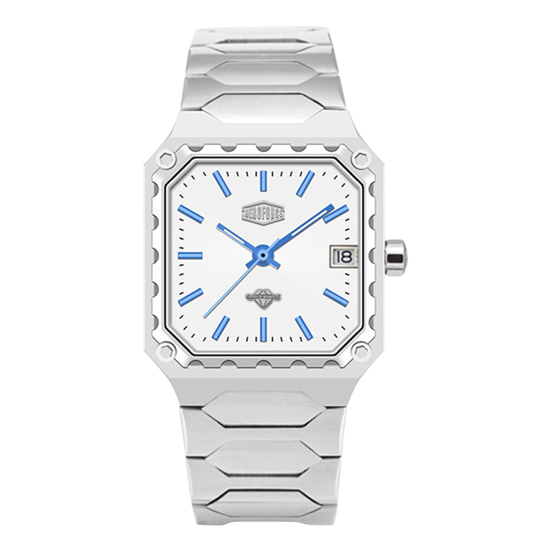A men's stainless steel watch with a unique angular, stepped-link bracelet and a white dial featuring blue hands, hour markers, and a date window.