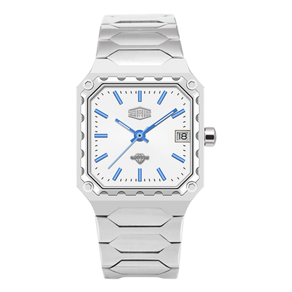 A men's stainless steel watch with a unique angular, stepped-link bracelet and a white dial featuring blue hands, hour markers, and a date window.