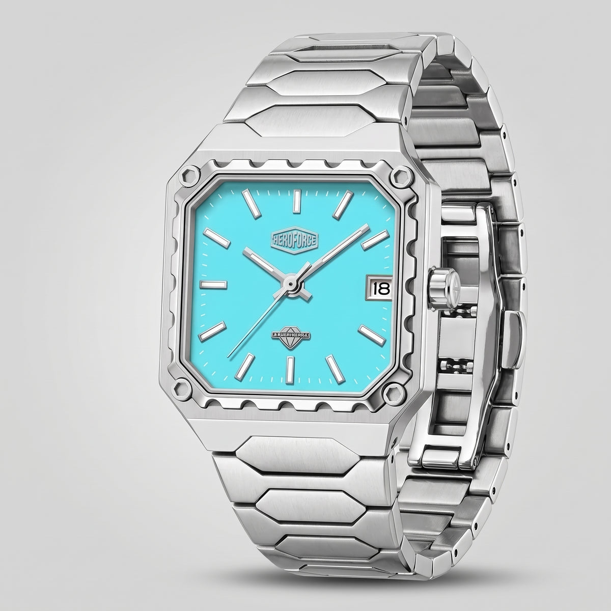A men's stainless steel watch with an angular, multi-link bracelet and a bright turquoise blue dial, shown on a neutral light gray background.